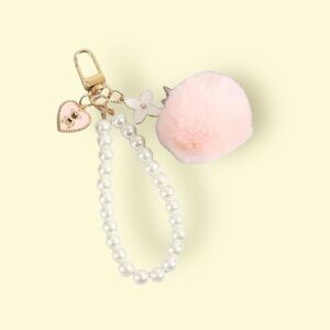 Pink Pom Pom Keychain with Pearl Beads